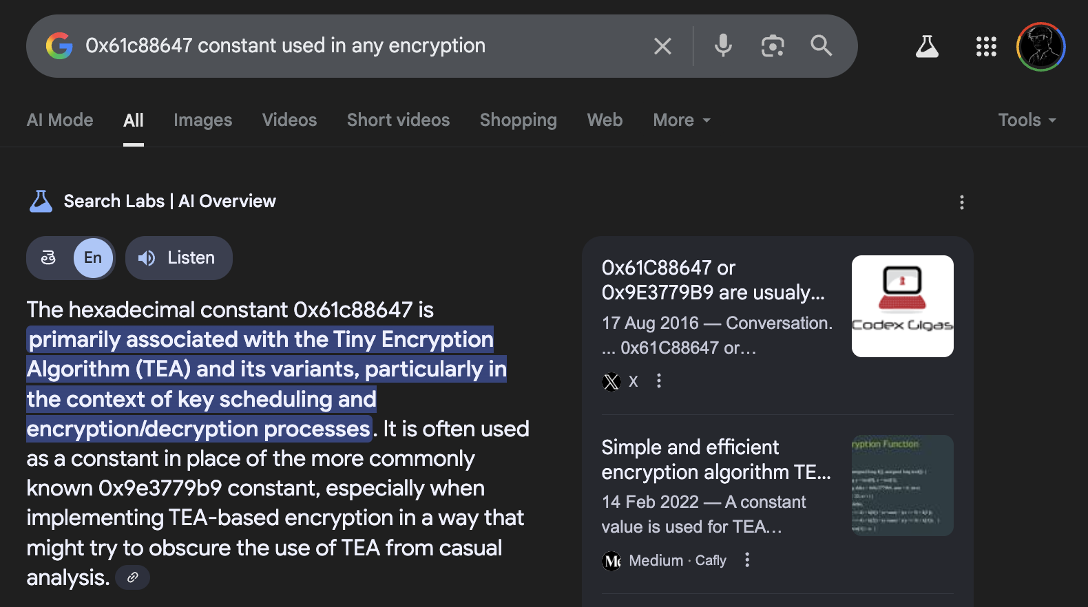Image showing a google search about the `0x61c88647` constant to see if it is part of any encryption.