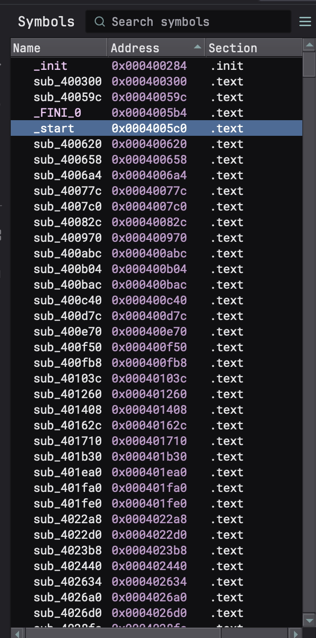 Image showing the symbols view on Binja