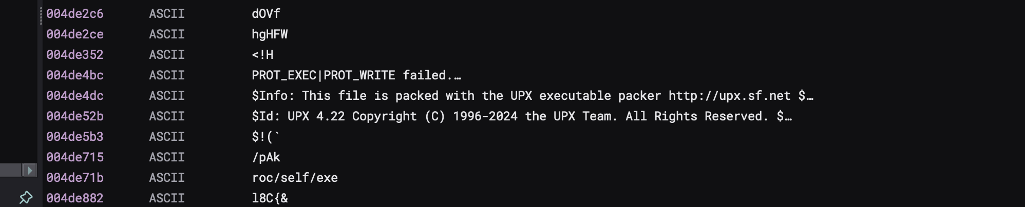 Image showing the strings view on Binja with a string about it being UPX packed